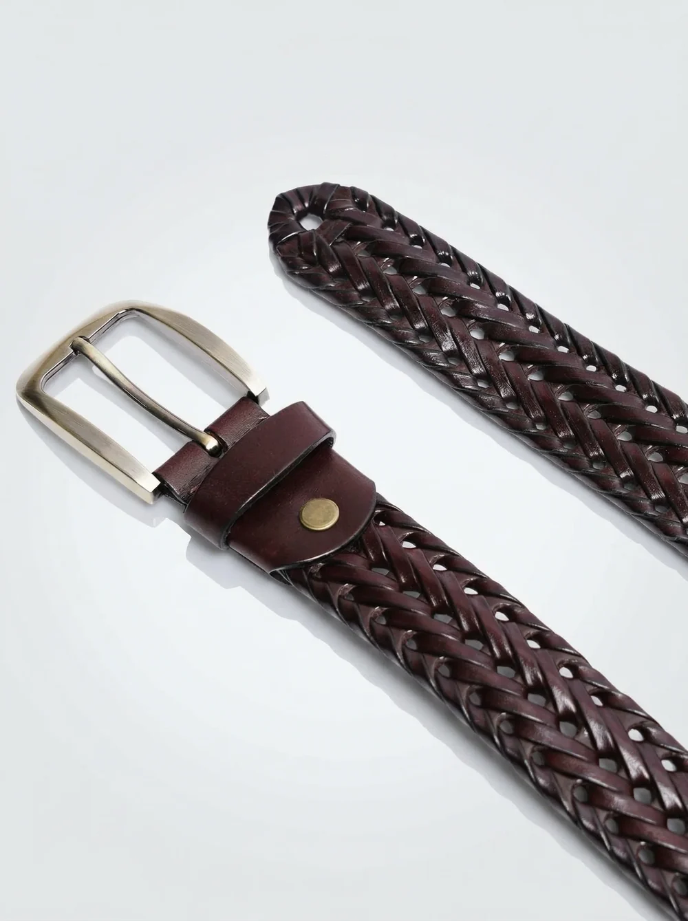 Brown Braided Woven Leather Belt - Image 2