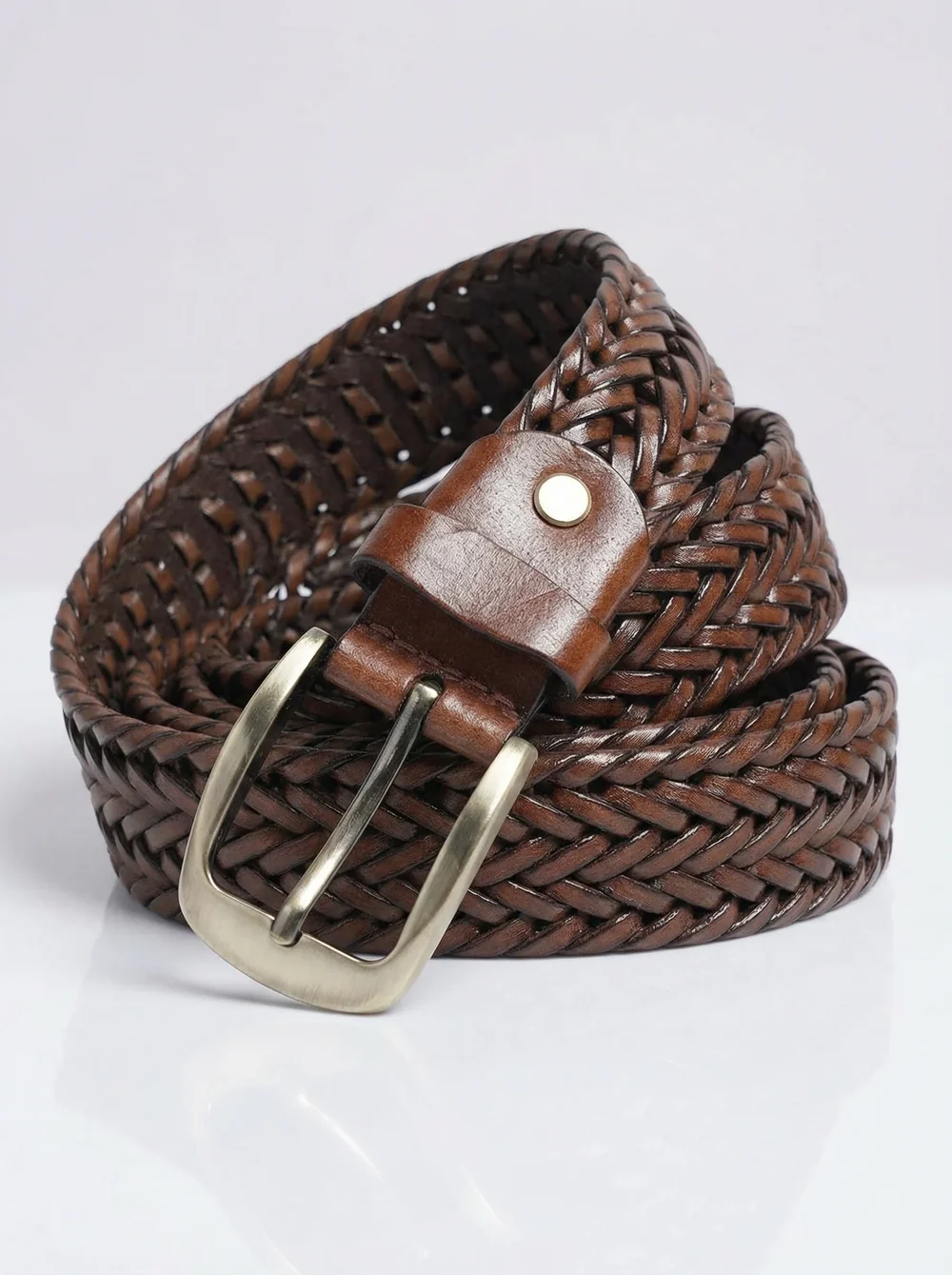 Light Brown Braided Woven Leather Belt - Image 2